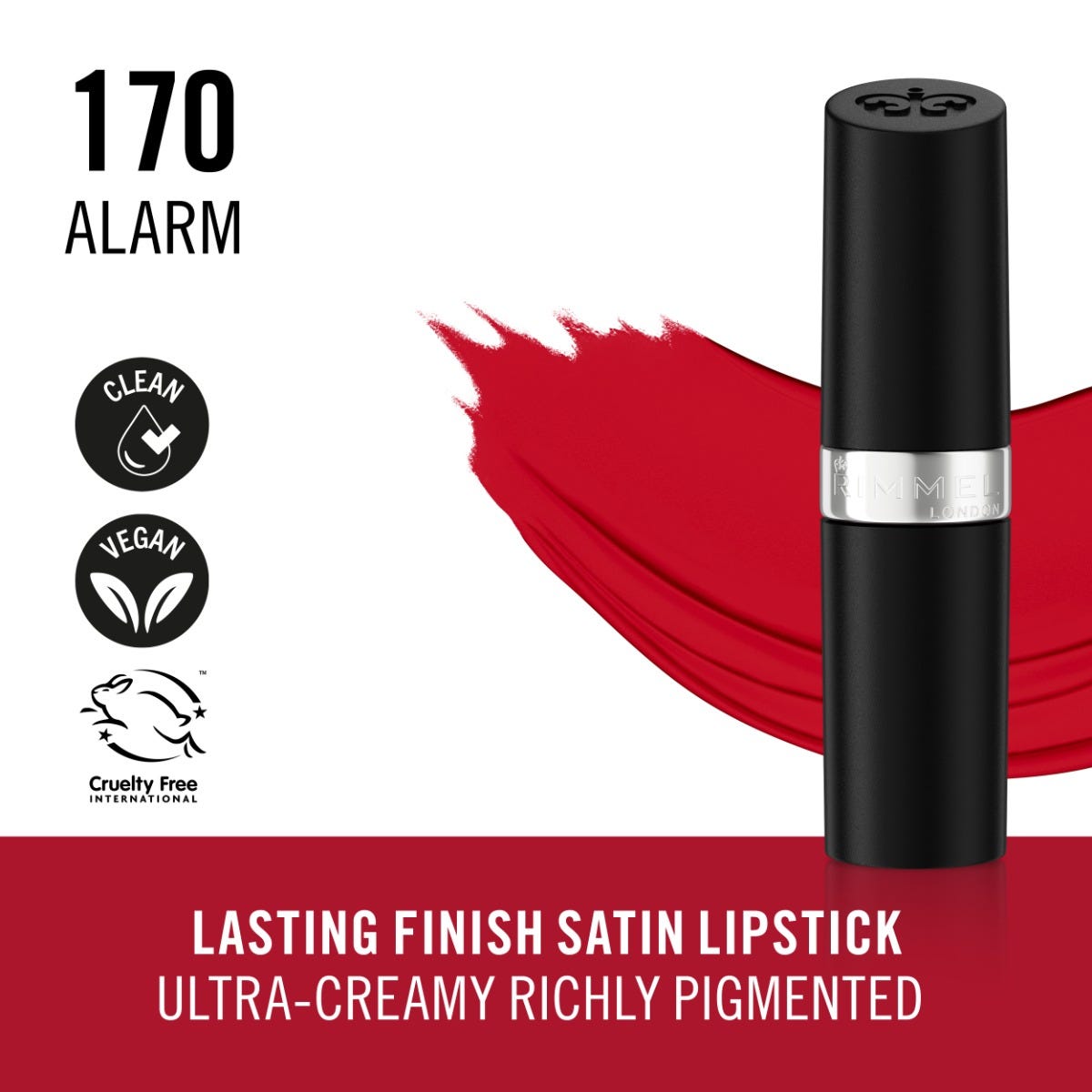 Rimmel Lasting Finish, 170 Alarm, Rossetto Satinato, Lunga Durata, Finish Satinato, Ricco Colore, Idratante, Formula Vegana, 4g