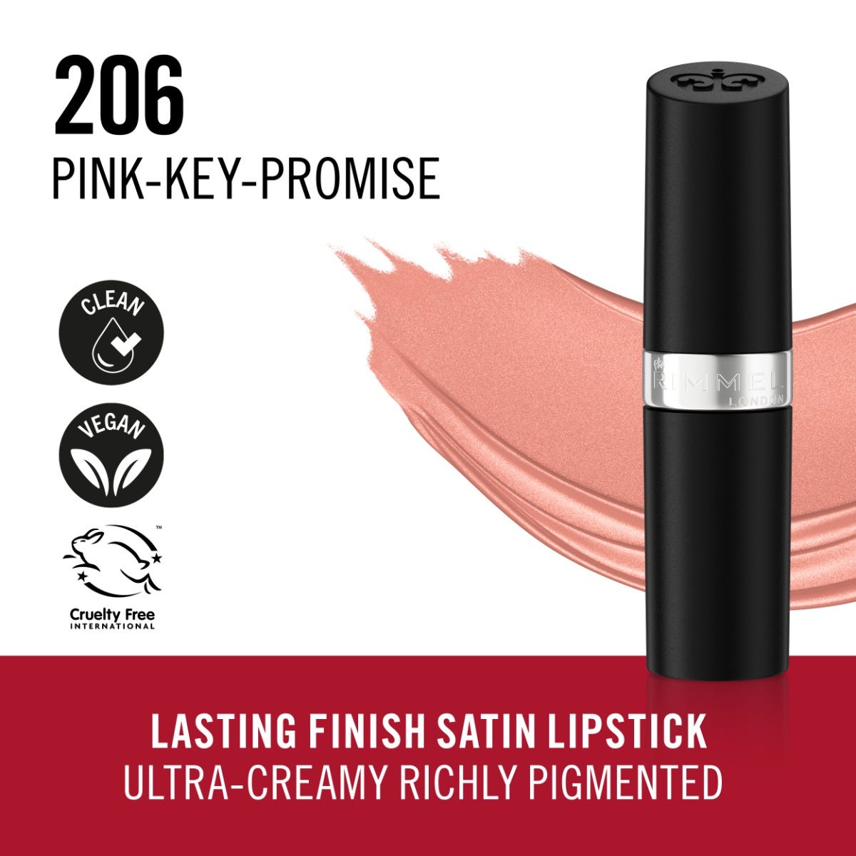 Rimmel Lasting Finish, 206 Pink-Key-Promise, Rossetto Satinato, Lunga Durata, Finish Satinato, Ricco Colore, Idratante, Formula Vegana, 4g