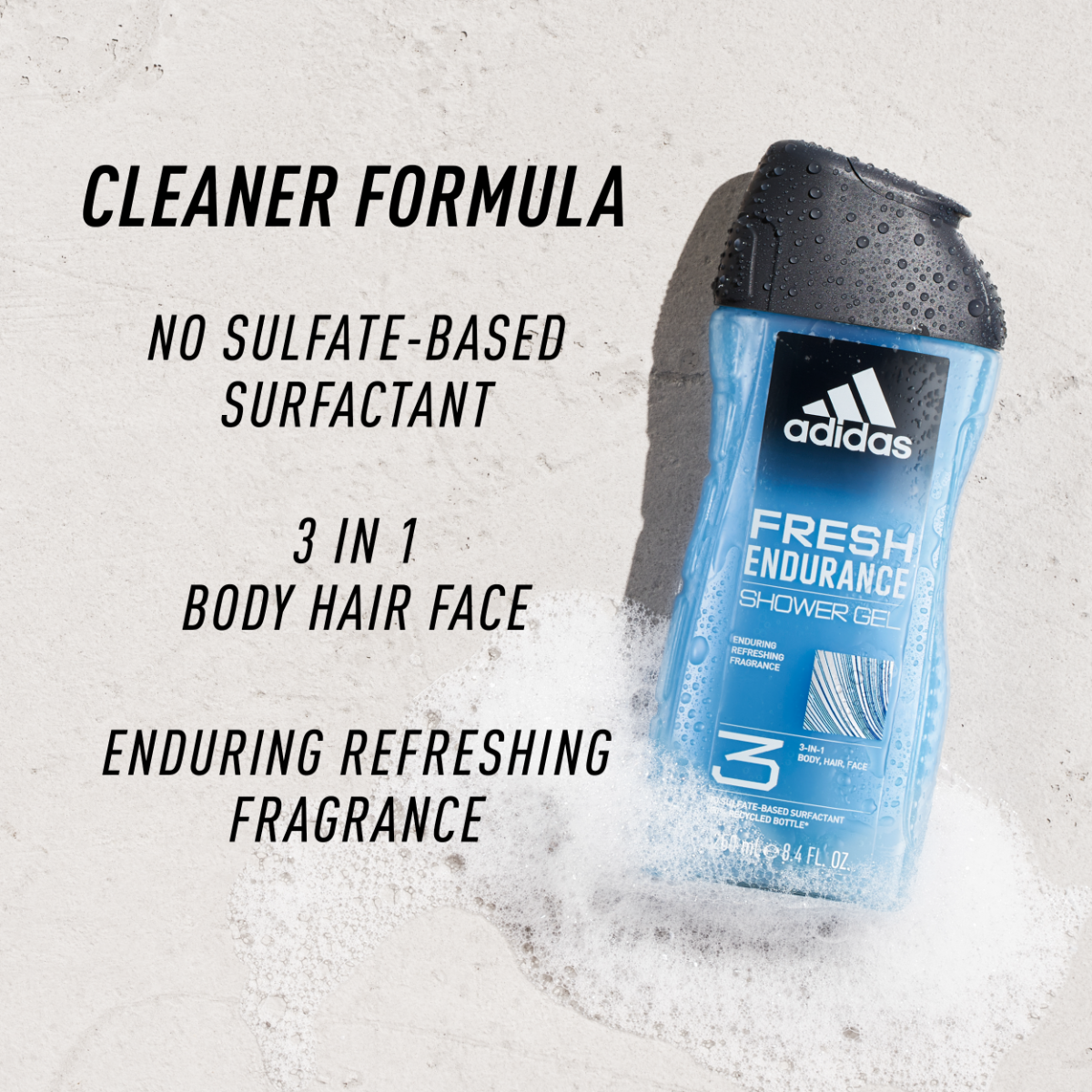 Adidas, Fresh Endurance Gel Doccia Bagnoschiuma 3 in 1 per Corpo, Capelli e Viso, Formula Vegana, 250ml