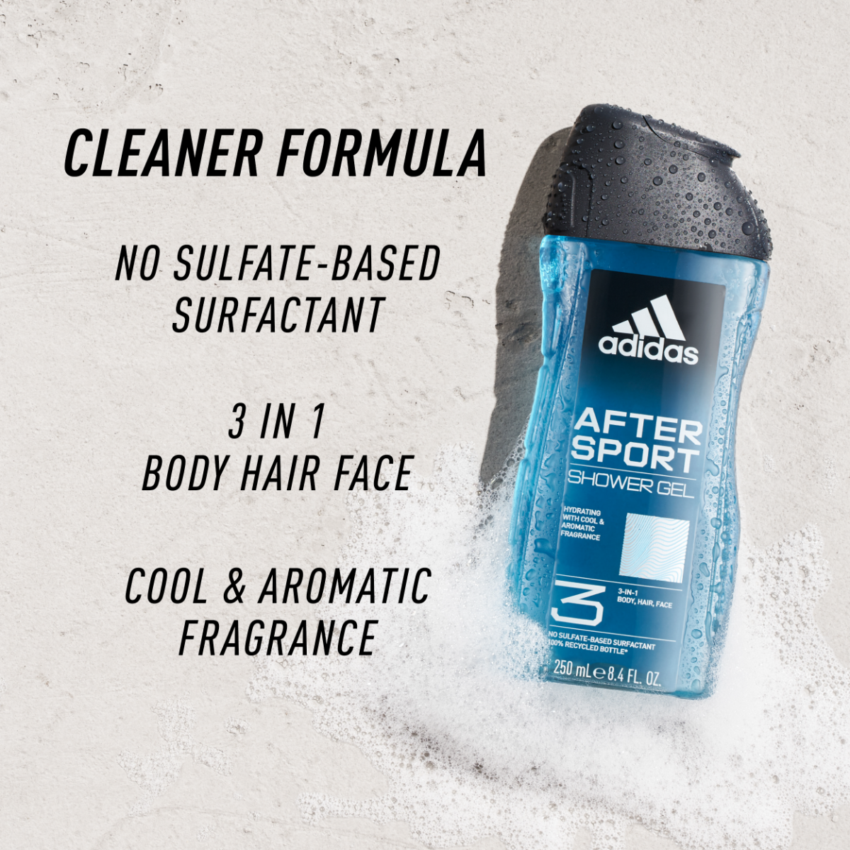 Adidas, After Sport Gel Doccia Bagnoschiuma 3 in 1 per Corpo, Capelli e Viso, Formula Vegana, 250ml