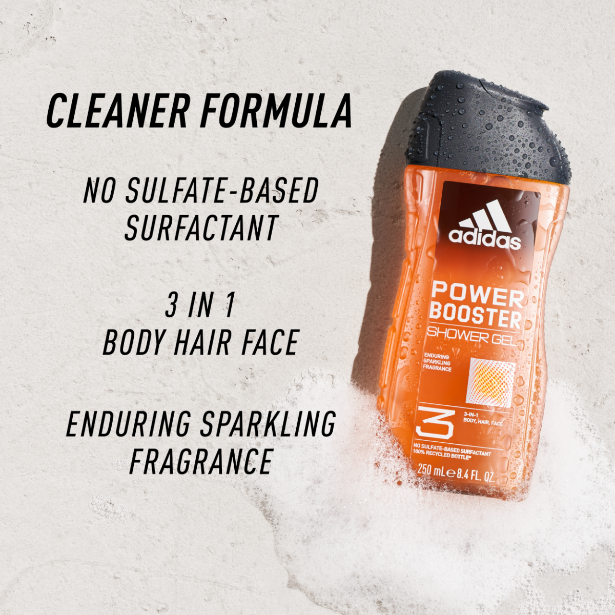 Adidas, Power Booster Gel Doccia Bagnoschiuma 3 in 1 per Corpo, Capelli e Viso, 250ml
