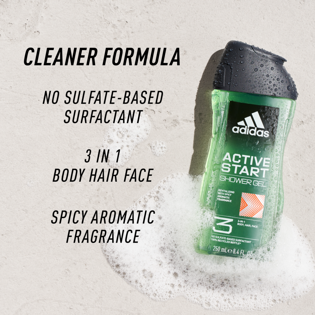 Adidas, Active Start Gel Doccia Bagnoschiuma 3 in 1 per Corpo, Capelli e Viso