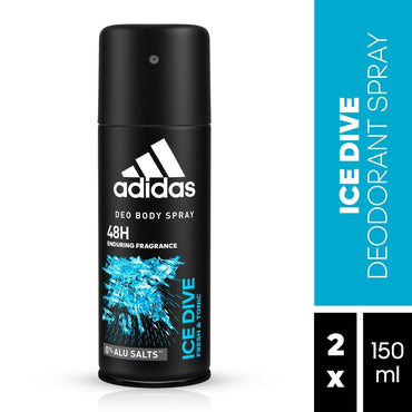 Adidas Ice Dive Deo Body Spray, Deodorante Uomo, Freschezza Intensa fino a 48 Ore, Antitraspirante, Senza Alcool e Sali di Alluminio, 2 Flaconi da 150 ml