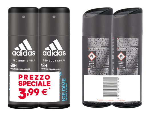 Adidas Ice Dive Deo Body Spray, Deodorante Uomo, Freschezza Intensa fino a 48 Ore, Antitraspirante, Senza Alcool e Sali di Alluminio, 2 Flaconi da 150 ml