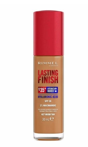 Rimmel London, Lasting Finish 35H, 407 Warm Tan, fondotinta, lunga tenuta, idratante, formula vegana, alta coprenza, 30ml