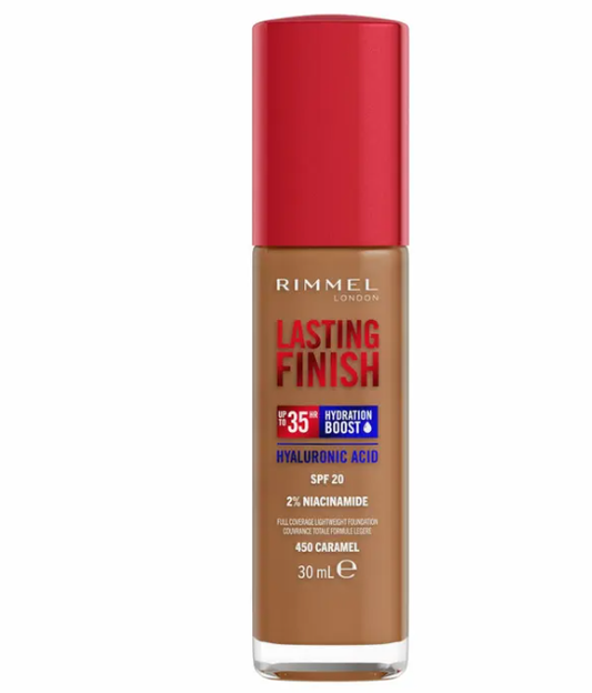 Rimmel London, Lasting Finish 35H, 450 Caramel, fondotinta, lunga tenuta, idratante, formula vegana, alta coprenza, 30ml