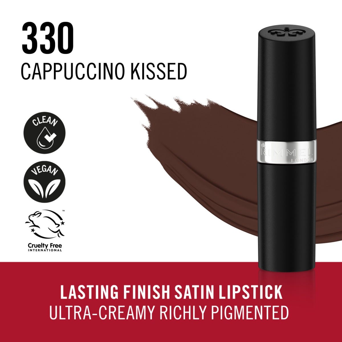 Rimmel Lasting Finish, 330 Cappuccino Kissed, Rossetto Satinato, Lunga Durata, Finish Satinato, Ricco Colore, Idratante, Formula Vegana, 4g
