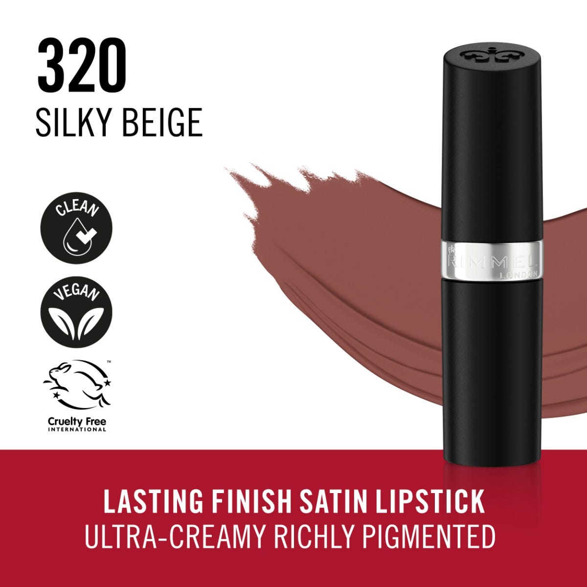 Rimmel Lasting Finish, 320 Silky Beige, Rossetto Satinato, Lunga Durata, Finish Satinato, Ricco Colore, Idratante, Formula Vegana, 4g