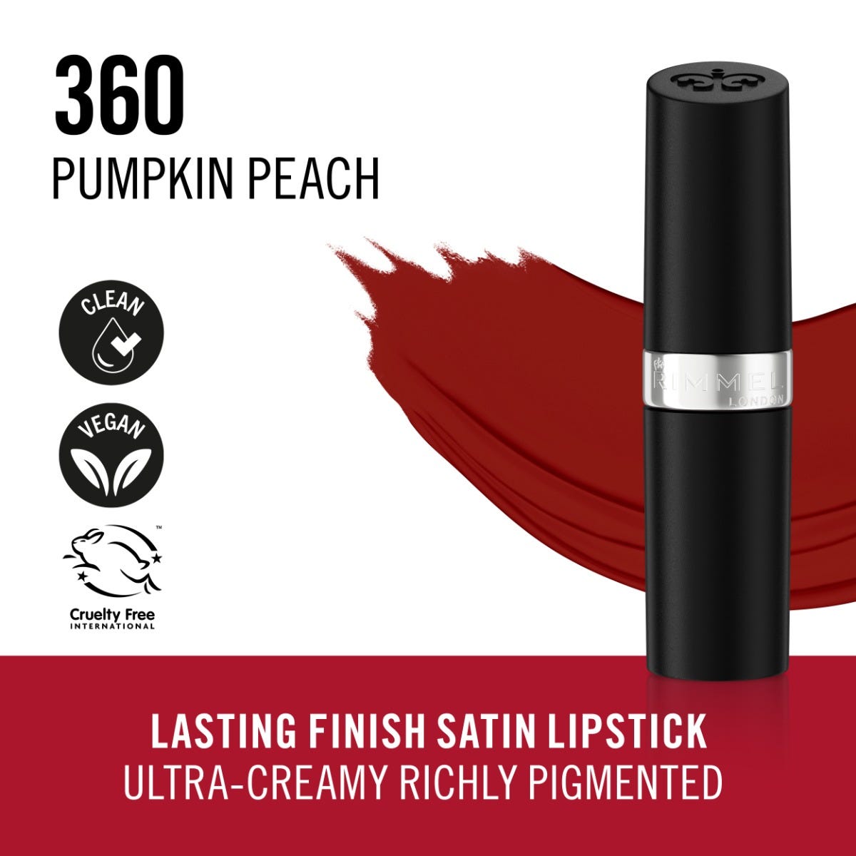 Rimmel Lasting Finish, 360 Pumpkin Peach, Rossetto Satinato, Lunga Durata, Finish Satinato, Ricco Colore, Idratante, Formula Vegana, 4g
