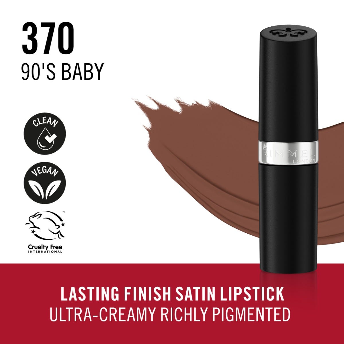 Rimmel Lasting Finish, 370 90's Baby, Rossetto Satinato, Lunga Durata, Finish Satinato, Ricco Colore, Idratante, Formula Vegana, 4g