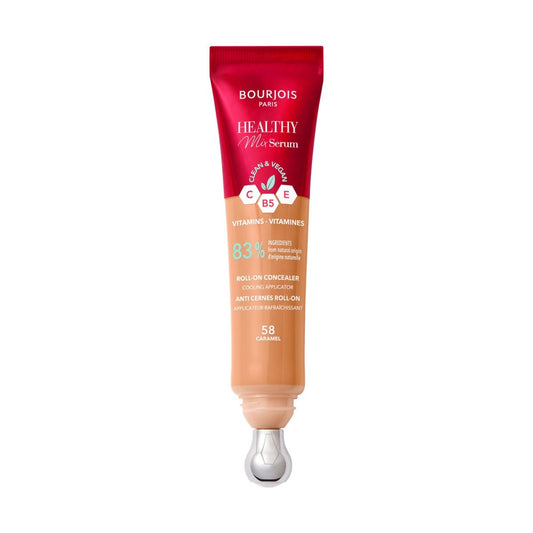 Bourjois Healthy Mix 2-in-1 Correttore in siero, Leviga nel tempo rughe e segni d’espressione, Rinfresca la zona del contorno occhi, con Caffeina, Vitamine C, E e B5, Vegano, Applicatore rinfrescante, Caramel, 11 ml