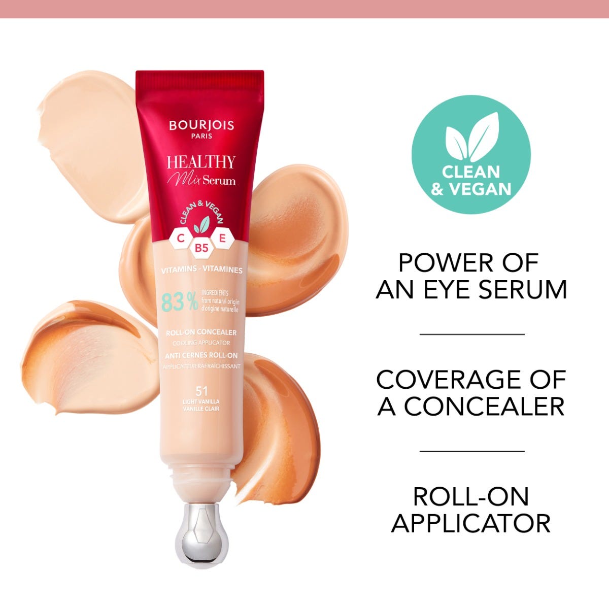 Bourjois Healthy Mix 2-in-1 Correttore in siero, Leviga nel tempo rughe e segni d’espressione, Rinfresca la zona del contorno occhi, con Caffeina, Vitamine C, E e B5, Vegano, Applicatore rinfrescante, Light Vanilla, 11 ml