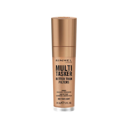 Rimmel Multi-Tasker Better Than Filters, 002 Fair Light, Primer Viso, Glow Booster e Illuminante, Formula Vegana, Leggera, Antietà, con Pigmenti che Riflettono la Luce, Maxi Applicatore Soft-Touch, 30ml (1oz)