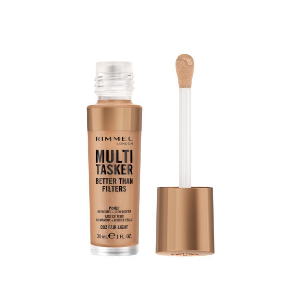 Rimmel Multi-Tasker Better Than Filters, 002 Fair Light, Primer Viso, Glow Booster e Illuminante, Formula Vegana, Leggera, Antietà, con Pigmenti che Riflettono la Luce, Maxi Applicatore Soft-Touch, 30ml (1oz)