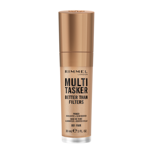 Rimmel Multi-Tasker Better Than Filters, 001 Fair, Primer Viso, Glow Booster e Illuminante, Formula Vegana, Leggera, Antietà, con Pigmenti che Riflettono la Luce, Maxi Applicatore Soft-Touch, 30ml (1oz)