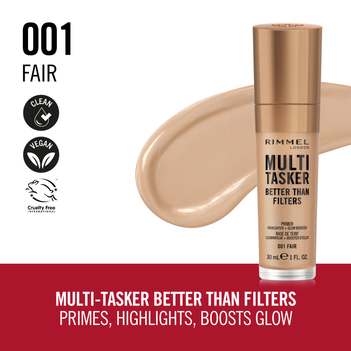 Rimmel Multi-Tasker Better Than Filters, 001 Fair, Primer Viso, Glow Booster e Illuminante, Formula Vegana, Leggera, Antietà, con Pigmenti che Riflettono la Luce, Maxi Applicatore Soft-Touch, 30ml (1oz)