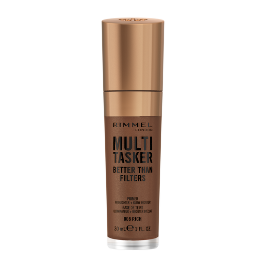 Rimmel Multi-Tasker Better Than Filters, 008 Rich, Primer Viso, Glow Booster e Illuminante, Formula Vegana, Leggera, Antietà, con Pigmenti che Riflettono la Luce, Maxi Applicatore Soft-Touch, 30ml (1oz)
