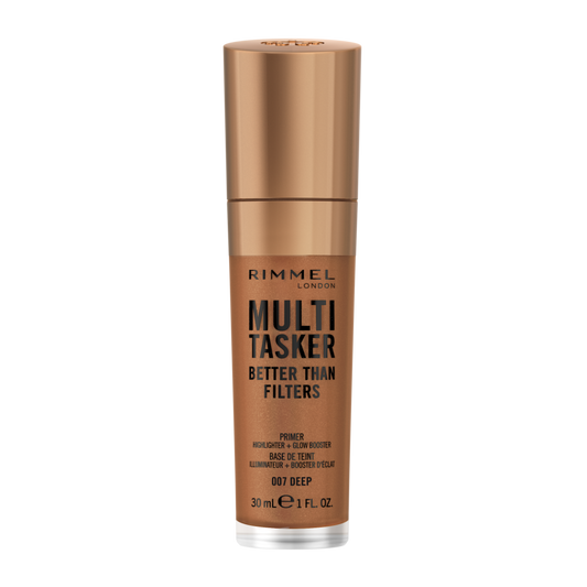 Rimmel Multi-Tasker Better Than Filters, 007 Deep, Primer Viso, Glow Booster e Illuminante, Formula Vegana, Leggera, Antietà, con Pigmenti che Riflettono la Luce, Maxi Applicatore Soft-Touch, 30ml (1oz)