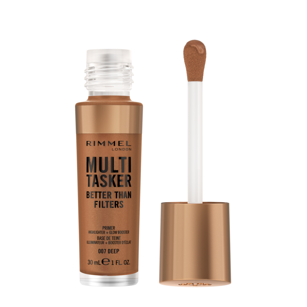 Rimmel Multi-Tasker Better Than Filters, 007 Deep, Primer Viso, Glow Booster e Illuminante, Formula Vegana, Leggera, Antietà, con Pigmenti che Riflettono la Luce, Maxi Applicatore Soft-Touch, 30ml (1oz)