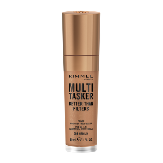 Rimmel Multi-Tasker Better Than Filters, 005 Medium, Primer Viso, Glow Booster e Illuminante, Formula Vegana, Leggera, Antietà, con Pigmenti che Riflettono la Luce, Maxi Applicatore Soft-Touch, 30ml (1oz)