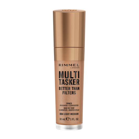 Rimmel Multi-Tasker Better Than Filters, 004 Light Medium, Primer Viso, Glow Booster e Illuminante, Formula Vegana, Leggera, Antietà, con Pigmenti che Riflettono la Luce, Maxi Applicatore Soft-Touch, 30ml (1oz)