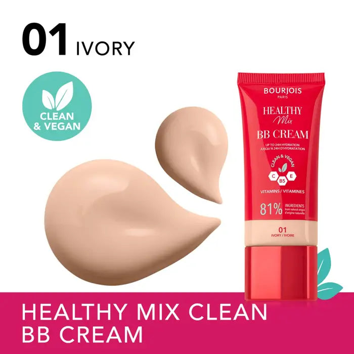 Bourjois Healthy Mix 01 Ivory BB Cream Copertura e idratazione per tutto il giorno Vitamina C E e B5 Formula vegana e clean 30ml
