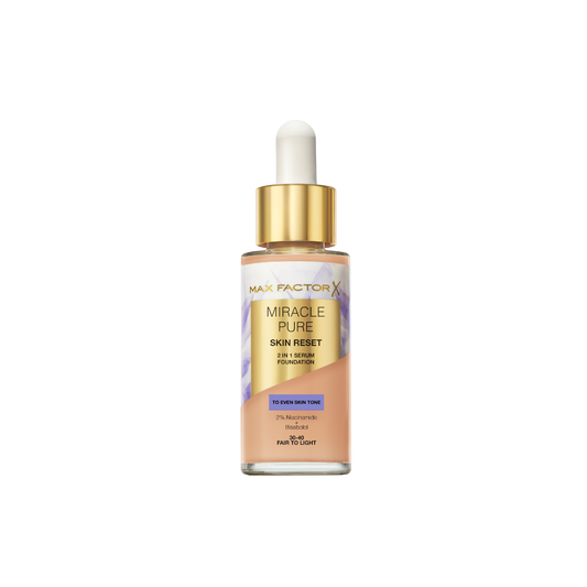 Max Factor Miracle Pure 2in1 Skin Reset Serum Foundation, 30-40, Fair to Light , formula vegan, uniforma l’incarnato, copertura media, finish matte satinato, Formula con Niacinamide e Bisabololo, 30 ml