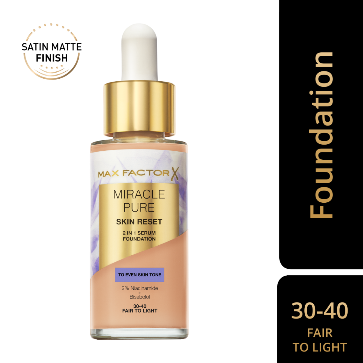 Max Factor Miracle Pure 2in1 Skin Reset Serum Foundation, 30-40, Fair to Light , formula vegan, uniforma l’incarnato, copertura media, finish matte satinato, Formula con Niacinamide e Bisabololo, 30 ml