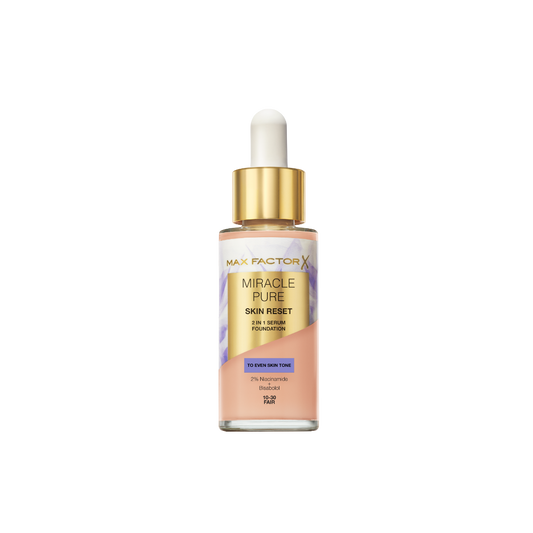 Max Factor Miracle Pure 2in1 Skin Reset Serum Foundation, 10-30, Fair, formula vegan, uniforma l’incarnato, copertura media, finish matte satinato, Formula con Niacinamide e Bisabololo, 30 ml
