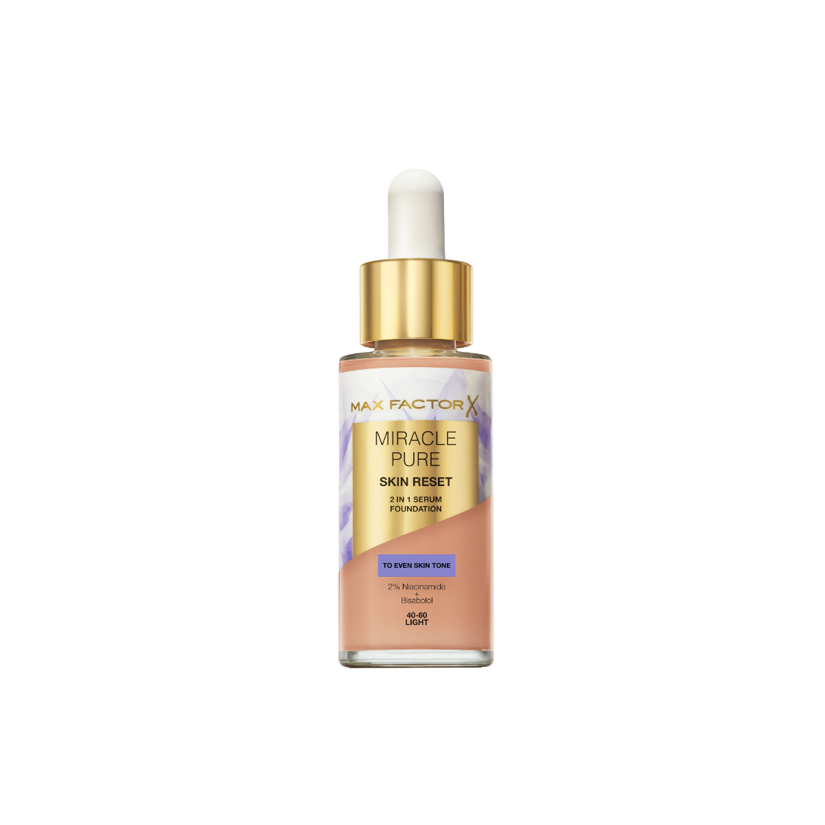 Max Factor Miracle Pure 2in1 Skin Reset Serum Foundation, 40-60, Light, formula vegan, uniforma l’incarnato, copertura media, finish matte satinato, Formula con Niacinamide e Bisabololo, 30 ml