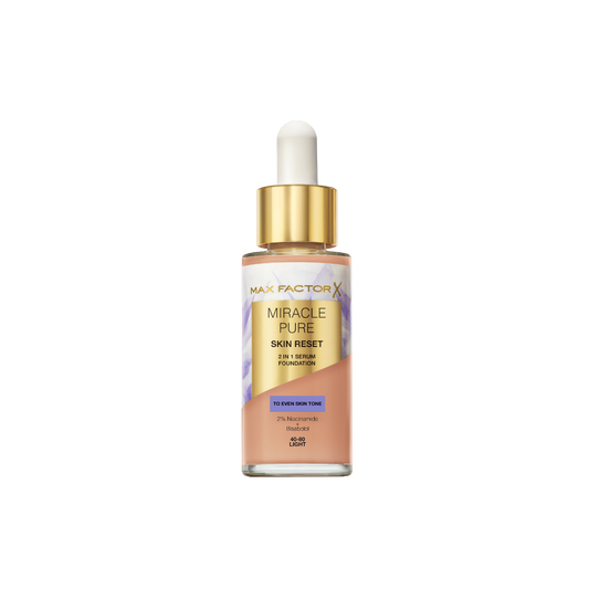 Max Factor Miracle Pure 2in1 Skin Reset Serum Foundation, 40-60, Light, formula vegan, uniforma l’incarnato, copertura media, finish matte satinato, Formula con Niacinamide e Bisabololo, 30 ml
