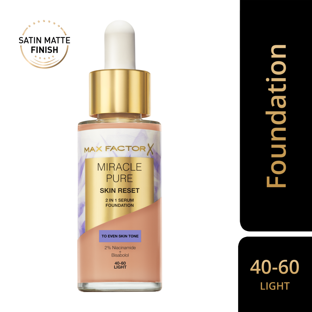 Max Factor Miracle Pure 2in1 Skin Reset Serum Foundation, 40-60, Light, formula vegan, uniforma l’incarnato, copertura media, finish matte satinato, Formula con Niacinamide e Bisabololo, 30 ml