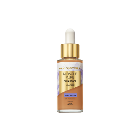 Max Factor Miracle Pure 2in1 Skin Reset Serum Foundation, 80-85, Medium, formula vegan, uniforma l’incarnato, copertura media, finish matte satinato, Formula con Niacinamide e Bisabololo, 30 ml