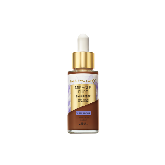 Max Factor Miracle Pure 2in1 Skin Reset Serum Foundation, 100-110, Very Deep, formula vegan, uniforma l’incarnato, copertura media, finish matte satinato, Formula con Niacinamide e Bisabololo, 30 ml