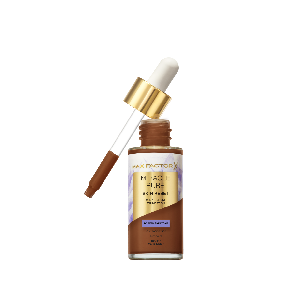 Max Factor Miracle Pure 2in1 Skin Reset Serum Foundation, 100-110, Very Deep, formula vegan, uniforma l’incarnato, copertura media, finish matte satinato, Formula con Niacinamide e Bisabololo, 30 ml