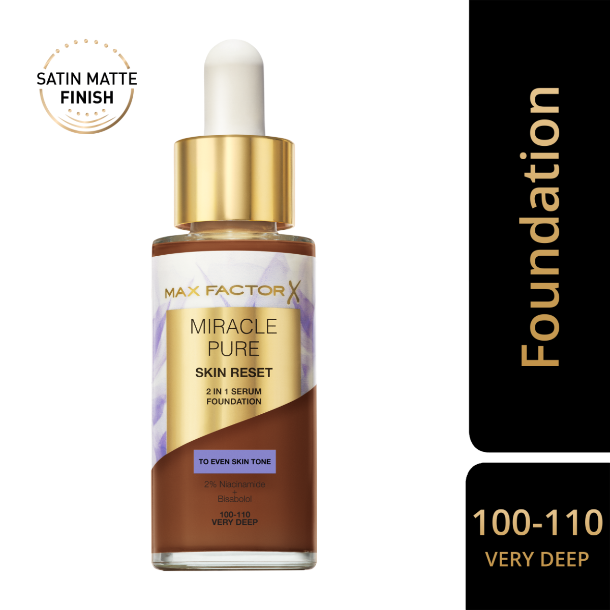 Max Factor Miracle Pure 2in1 Skin Reset Serum Foundation, 100-110, Very Deep, formula vegan, uniforma l’incarnato, copertura media, finish matte satinato, Formula con Niacinamide e Bisabololo, 30 ml