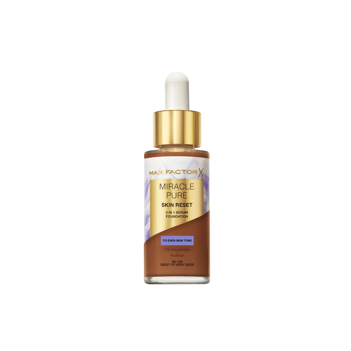 Max Factor Miracle Pure 2in1 Skin Reset Serum Foundation, 95-100, Deep to very Deep, formula vegan, uniforma l’incarnato, copertura media, finish matte satinato, Formula con Niacinamide e Bisabololo, 30 ml