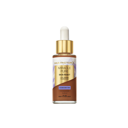 Max Factor Miracle Pure 2in1 Skin Reset Serum Foundation, 95-100, Deep to very Deep, formula vegan, uniforma l’incarnato, copertura media, finish matte satinato, Formula con Niacinamide e Bisabololo, 30 ml
