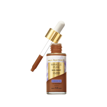 Max Factor Miracle Pure 2in1 Skin Reset Serum Foundation, 95-100, Deep to very Deep, formula vegan, uniforma l’incarnato, copertura media, finish matte satinato, Formula con Niacinamide e Bisabololo, 30 ml
