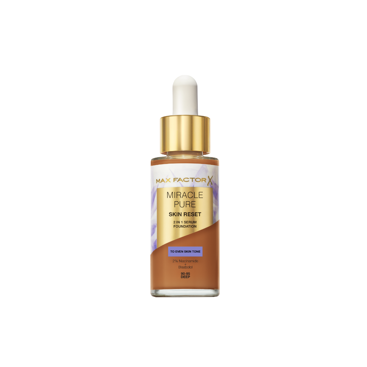 Max Factor Miracle Pure 2in1 Skin Reset Serum Foundation,90-95, Deep, formula vegan, uniforma l’incarnato, copertura media, finish matte satinato, Formula con Niacinamide e Bisabololo, 30 ml