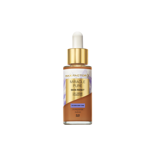 Max Factor Miracle Pure 2in1 Skin Reset Serum Foundation,90-95, Deep, formula vegan, uniforma l’incarnato, copertura media, finish matte satinato, Formula con Niacinamide e Bisabololo, 30 ml