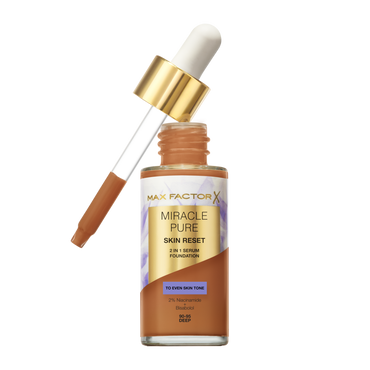Max Factor Miracle Pure 2in1 Skin Reset Serum Foundation,90-95, Deep, formula vegan, uniforma l’incarnato, copertura media, finish matte satinato, Formula con Niacinamide e Bisabololo, 30 ml