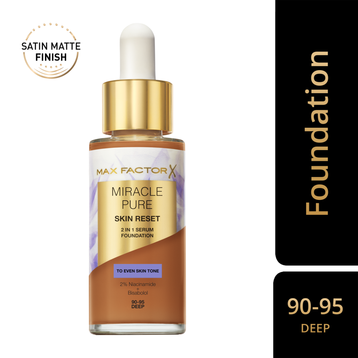 Max Factor Miracle Pure 2in1 Skin Reset Serum Foundation,90-95, Deep, formula vegan, uniforma l’incarnato, copertura media, finish matte satinato, Formula con Niacinamide e Bisabololo, 30 ml