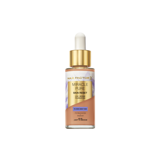 Max Factor Miracle Pure 2in1 Skin Reset Serum Foundation, 60-80 Light to Medium , formula vegan, uniforma l’incarnato, copertura media, finish matte satinato, Formula con Niacinamide e Bisabololo, 30 ml
