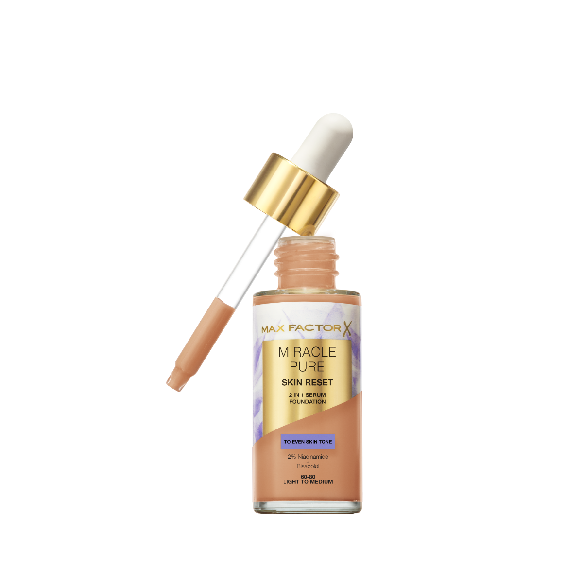 Max Factor Miracle Pure 2in1 Skin Reset Serum Foundation, 60-80 Light to Medium , formula vegan, uniforma l’incarnato, copertura media, finish matte satinato, Formula con Niacinamide e Bisabololo, 30 ml
