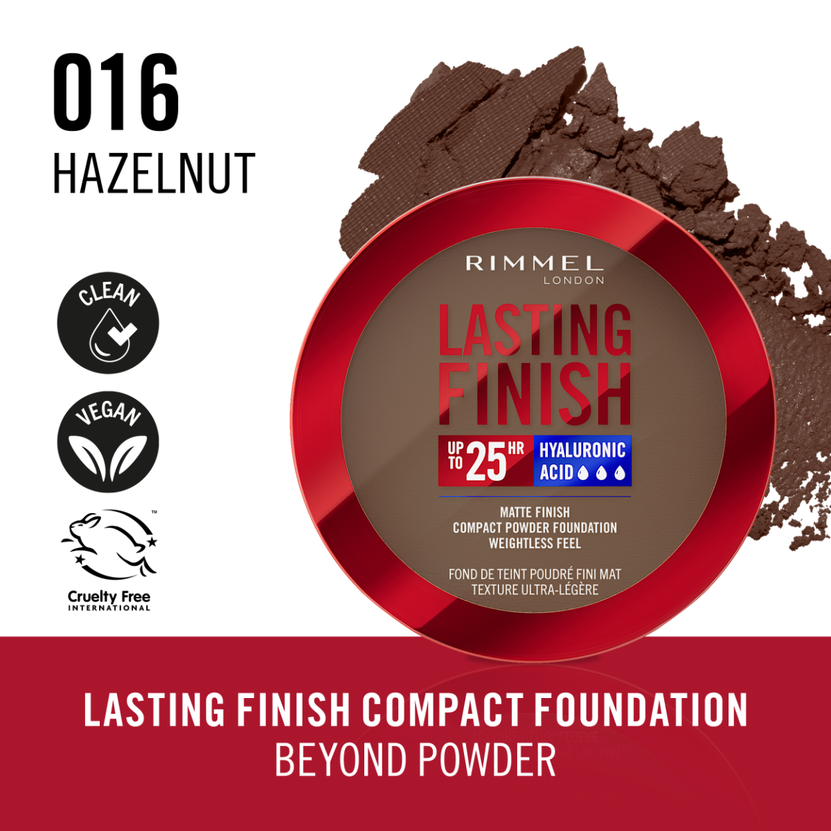 Rimmel Lasting Finish, 16 Hazelnut, Fondotinta Compatto, Finish Soft-Focus, Finish opaco, Coprenza totale, SPF20, Formula vegana, 7 g