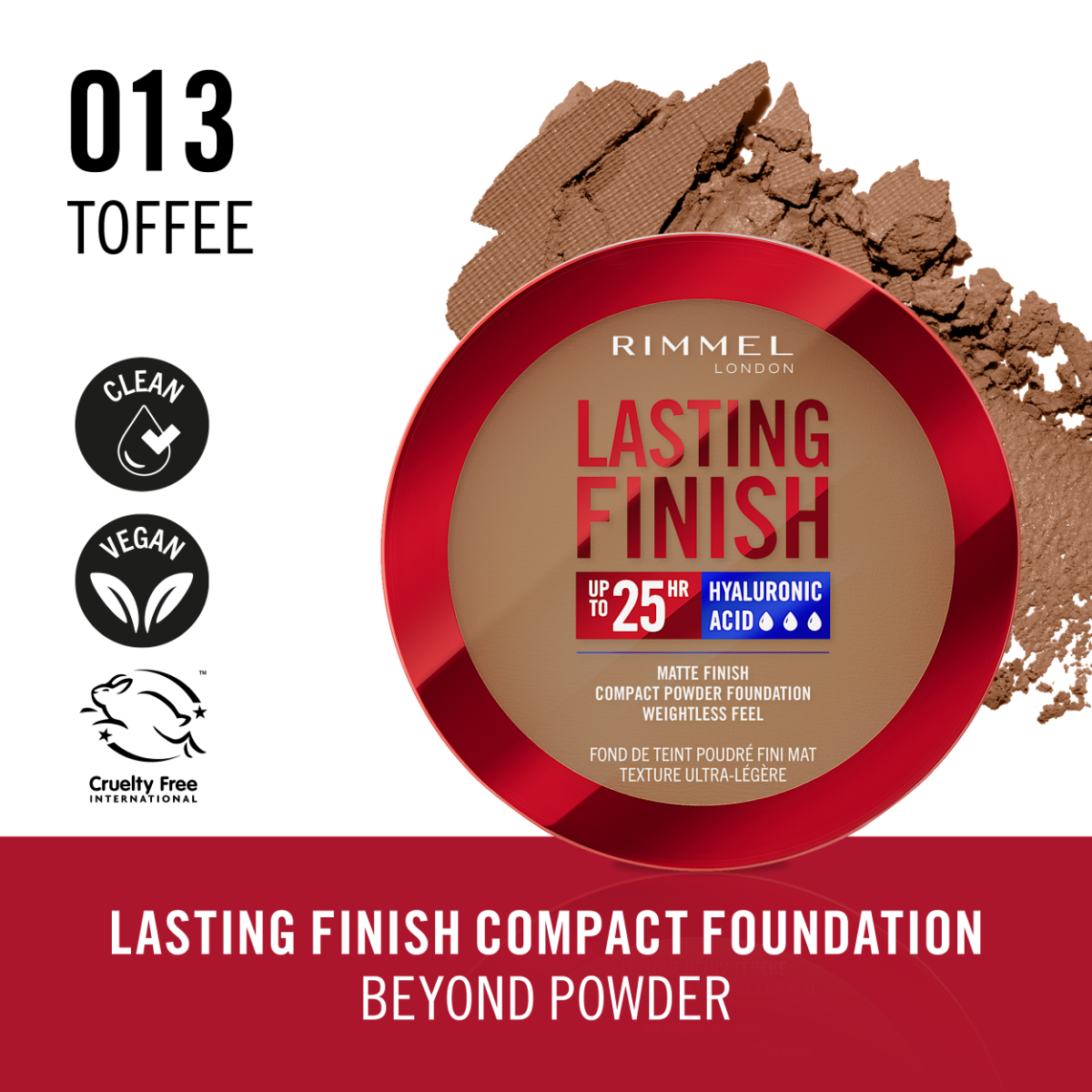 Rimmel Lasting Finish, 13 Toffee, Fondotinta Compatto, Finish Soft-Focus, Finish opaco, Coprenza totale, SPF20, Formula vegana, 7 g