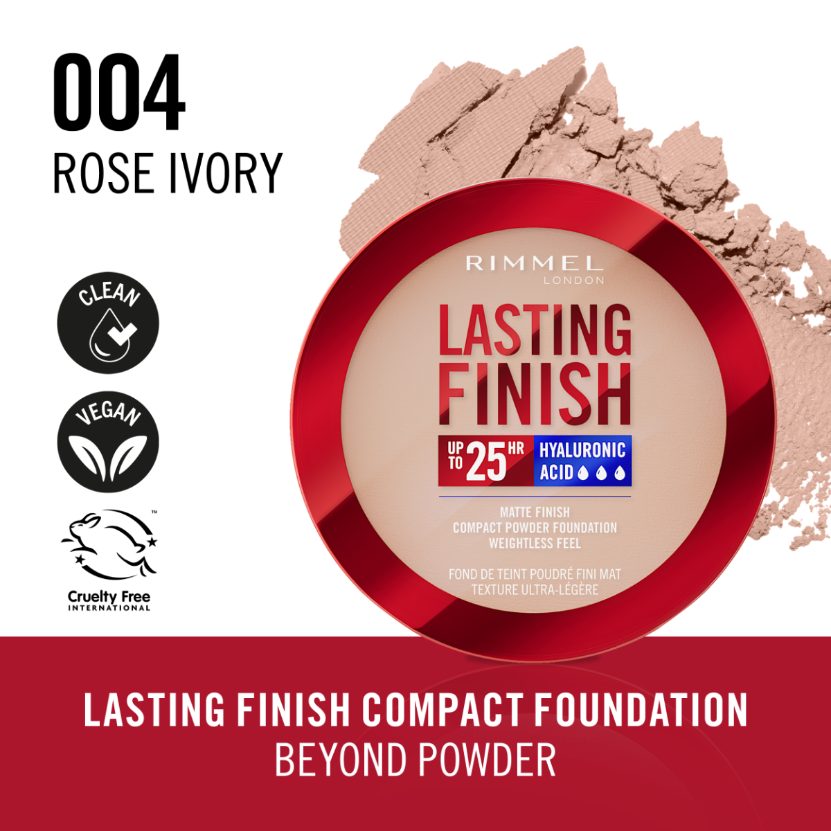 Rimmel Lasting Finish, 004 Rose Ivory, Fondotinta Compatto, Finish Soft-Focus, Finish opaco, Coprenza totale, SPF20, Formula vegana, 7 g