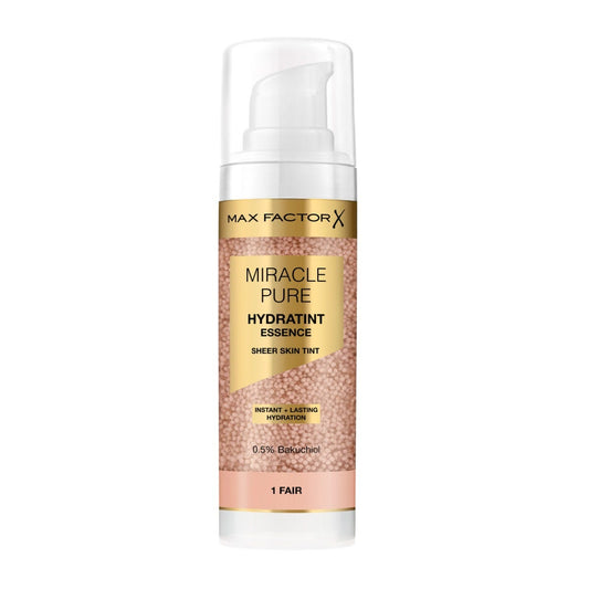 Max Factor Miracle Pure Hydratint Essence Fondotinta, 1 Fair, Fino a 24 ore di idratazione, Formula al 71% a base di acqua, Copertura naturale, Formula vegana