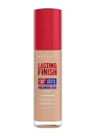 Rimmel London, Lasting Finish 35H, 150 Rose Vanilla, fondotinta, lunga tenuta, idratante, formula vegana, alta coprenza, 30ml